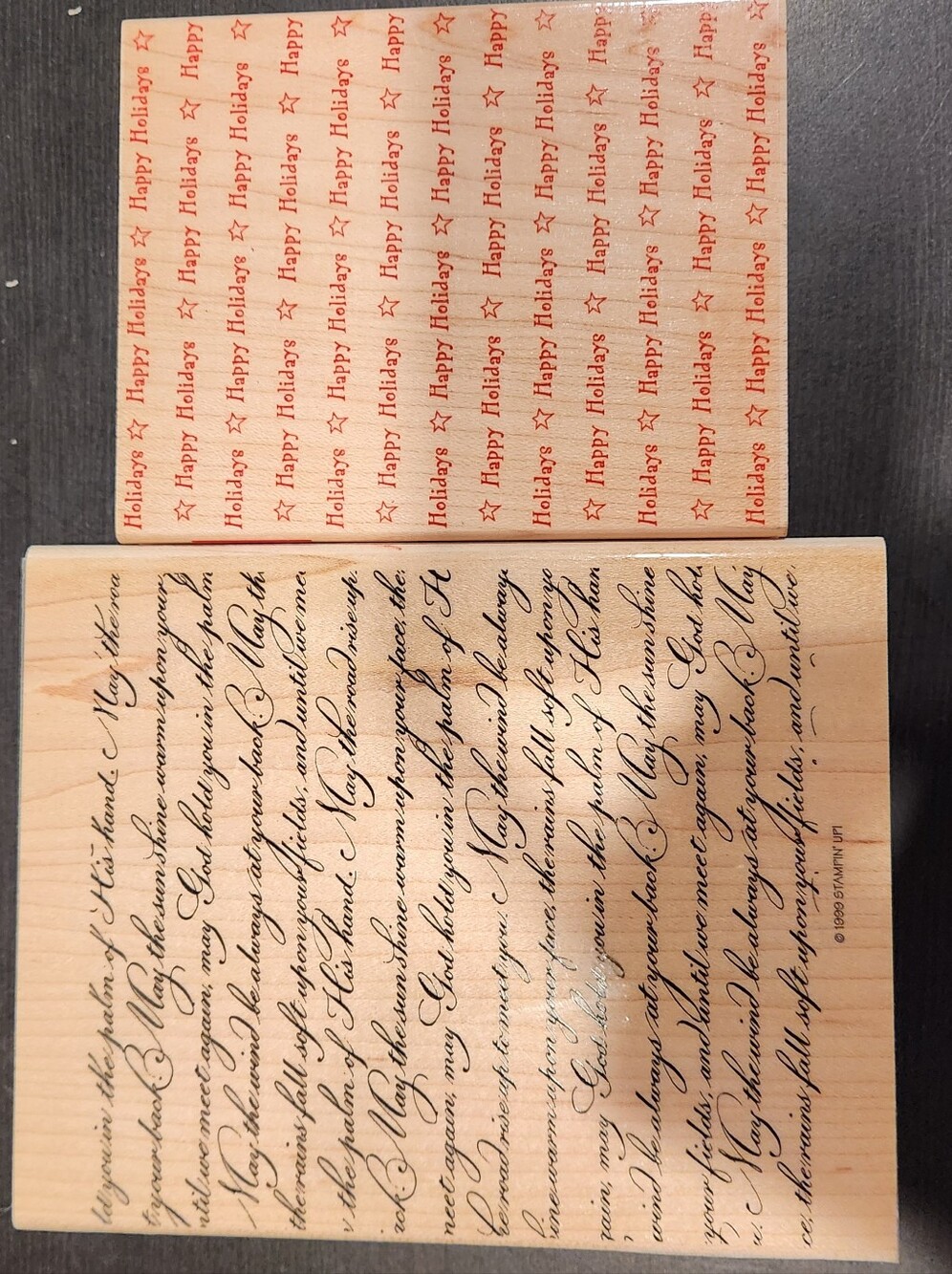 Handwritten Script Wood & 'Happy Holidays Text Stamp - Red Ink Card Making Print